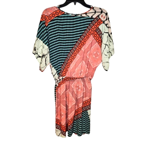 Womens Multicolored Mix Pattern Tie V-Neck Smocked Waist Mini Spring Dress M - Picture 11 of 11